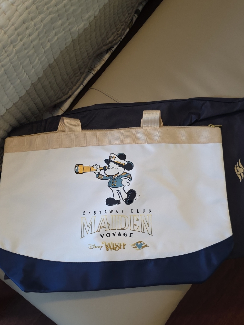 DisneyWish Maiden Voyage Navy, White & Tan Tote Bag with Captain Mickey